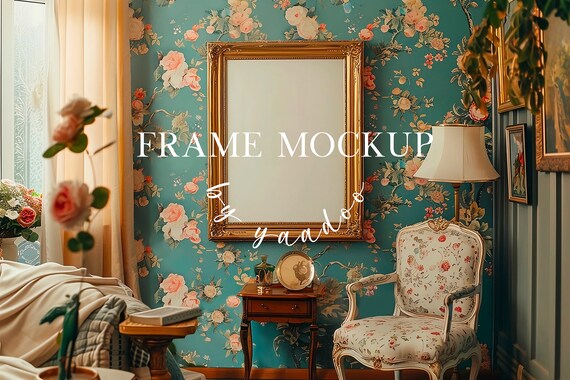 vertical frame mockup, interior frame mockup, digital mockup, gold vintage mockup, realistic frame mockup, vintage interior