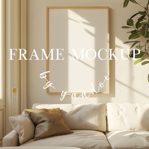 DIN A verticaal frame mockup woonkamer, framesjabloon voor Photoshop, houten frame PSD-mockup, interieurframe mockup, PSD Boho-stijl mockup