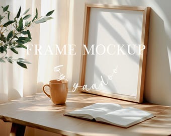 Side view DIN A Vertical Frame Mockup in Home Interior, Bedroom Frame mockup,Template for Photoshop, Wood Frame PSD for Prints and Artwork