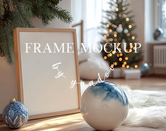 Festive Frame Mockup for Christmas, DIN A Wooden Frame Mockup for Artwork and prints, Photoshop Template with Christmas Tree