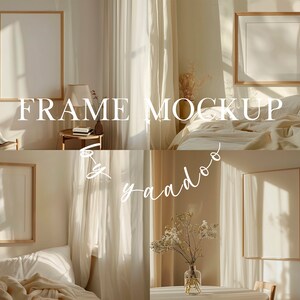 May include: Four different mockups of a wooden picture frame in a light-colored room with natural light. The frames are empty and ready for your design.