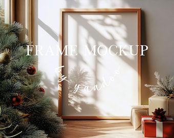Festive Frame Mockup for Christmas, DIN A Wooden Frame Mockup for Artwork and  prints, Photoshop Template with Christmas Tree