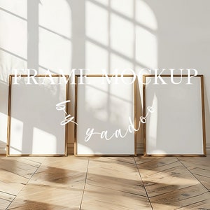 Three Vertical Frames Mockup for Photoshop, Set of 3 DIN A frame mockups , Wooden Floor Frame Mockup, Wood Frame PSD for Prints