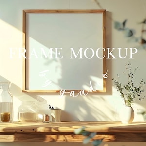 Square Frame Mockup Photoshop Template | Light Wood Frame Mockup for Photoshop | 1x1 Frame for Art and Print Display