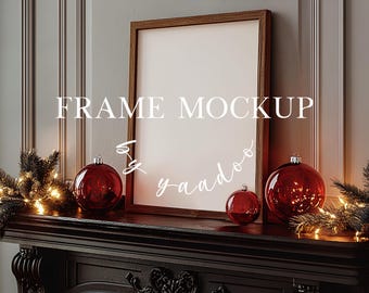 Festive Frame Mockup for Christmas, DIN A Wooden Frame Mockup for Artwork and prints, Photoshop Template with Christmas Tree