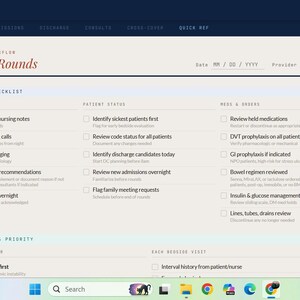 May include: A digital document titled "Hospitalist Workflow Sheet" with the heading "Morning Rounds." The document is a checklist with sections for patient status, rounds order, and pre-rounds checklist. The document is on a light beige background.
