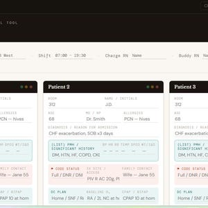 Puede incluir: Un documento digital titulado "Day Shift Brain Sheet" con información del paciente. La hoja incluye secciones para detalles del paciente, historial médico y planes de atención. El documento está diseñado para el personal de enfermería.