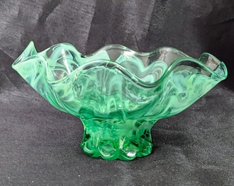 Vintage green glass ruffle pedestal bowl - unbranded