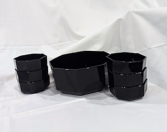 Vintage 1980s Luminarc Octime Vintage Black Glass 7 Piece Bowl Set, France