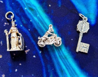 Sterling silver | Vintage | three Charms | Charm Bracelet | 14k gold | goddess | motorcycle | key | mary