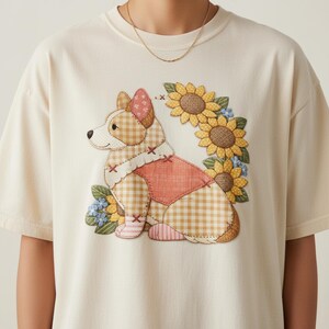 Camiseta Comfort Colors Corgi Patchwork, Camiseta Cottagecore Quilt Dog, Camiseta Pastel Sunflower Floral, Regalo con estética vintage adorable