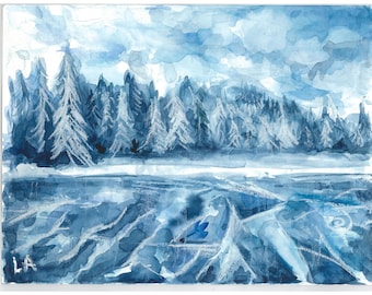 Winterzauber / Landschaft DRUCK von Original Aquarell Kunst UNGERAHMT 2 Größen