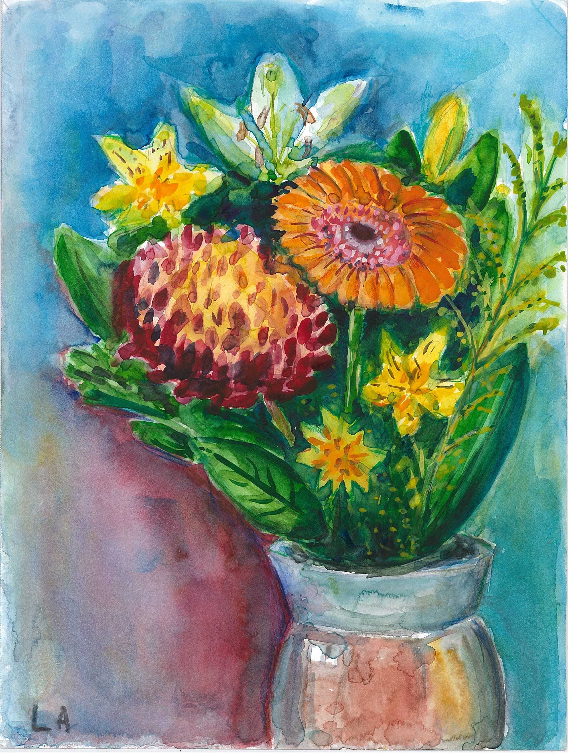 Print of Floral Original Watercolor Painting: Colorful Flower Bouquet ...