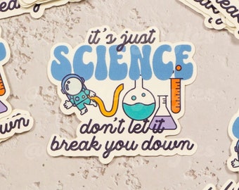 Puede incluir: Un conjunto de pegatinas con un astronauta de dibujos animados y equipo científico. Las pegatinas tienen un fondo azul claro con el texto "Es solo ciencia. No dejes que te desanime."