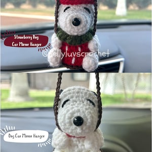 Crochet Strawberry/Black & White Dog Car Mirror Hanger: Handmade Car Decor, Car Accessories