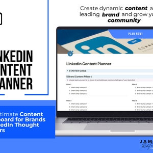 Puede incluir: Una pantalla de computadora portátil que muestra un Planificador de Contenido de LinkedIn con un esquema de color azul y blanco. El planificador incluye una sección para "5 Pilares de Contenido de Marca" con una lista de temas para elegir. El texto "Crea contenido dinámico como una marca líder y haz crecer tu comunidad" se muestra en la parte superior de la pantalla.