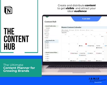 May include: A laptop computer screen displaying a content calendar with the text "Master Content Calendar" and "PLAN NOW!" A green and blue background with the text "THE CONTENT HUB" and "The Ultimate Content Planner for Growing Brands".