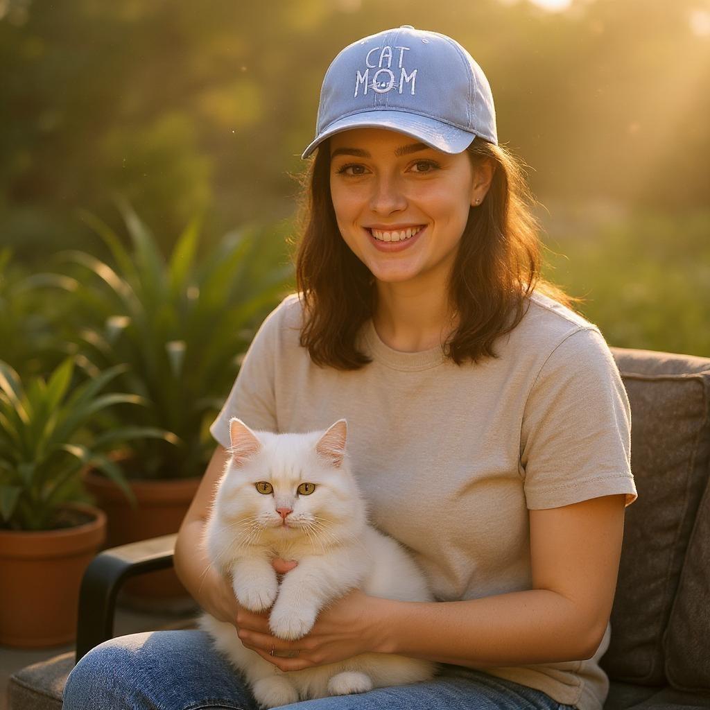 Cat Mom Hat Denim Cotton Adjustable Cap, Chic Everyday Wear for
