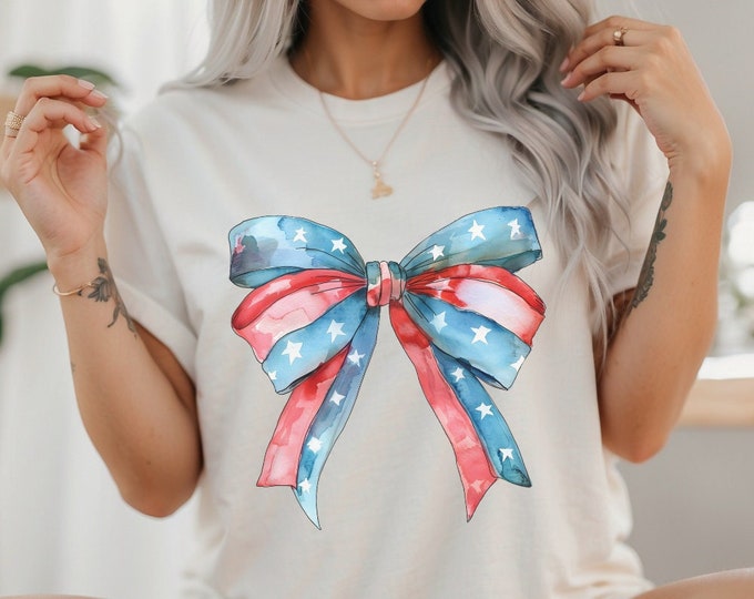 4th of July Coquette Bow Tee T-shirt For Her | Retro USA Flag Shirt | Patriotic 4th of July T-shirt| Summer Style | Womens 4th Of July Shirt