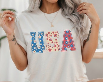 4th of July USA Floral Shirt | 4Th Of July Shirts | Independence Day Tee | 4Th Of July Graphic Tee | Retro Flower Usa Graphic Tee