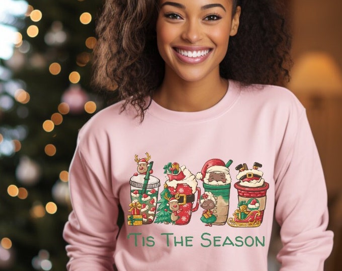 Santa Coffee Sweatshirt, Tis The Season, Black Santa Clause Christmas Sweatshirt, Coffee Lovers Crewneck, Funny Christmas Sweatshirt