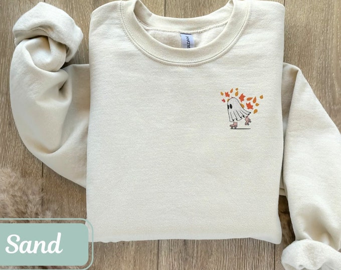 Embroidered Roller Girl Ghost Sweatshirt, Halloween Sweatshirt, Cool Halloween Shirt, Spooky Sweatshirt, Fall Sweatshirt