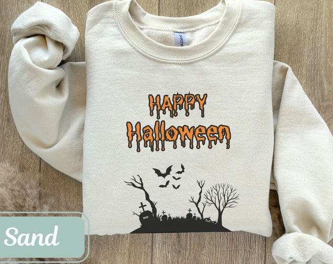 Cute Happy Halloween Spooky Graveyard Sweatshirt, Halloween Fall Sweatshirt, Halloween Crewneck, Back To School Teachers Shirt