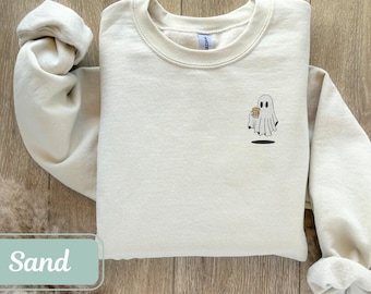 Embroidered Ghost Holding Beer Mug Halloween Sweatshirt, Halloween Sweatshirt, Cool Halloween Shirt, Spooky Sweatshirt, Fall Sweatshirt