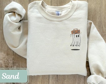 Embroidered Sweatshirt with Spooky Ghost & Boombox, Halloween Sweatshirt, Spooky Sweatshirt, Fall Sweatshirt