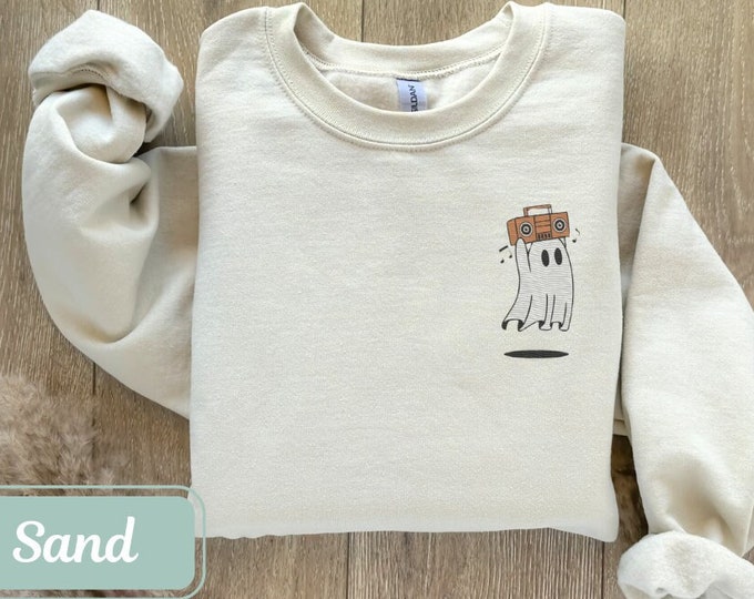 Embroidered Sweatshirt with Spooky Ghost & Boombox, Halloween Sweatshirt, Spooky Sweatshirt, Fall Sweatshirt
