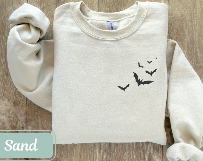 Embroidered Sweatshirt with Halloween Flying Bats, Halloween Sweatshirt, Spooky Sweatshirt, Fall Sweatshirt, Cute Sweatshirt