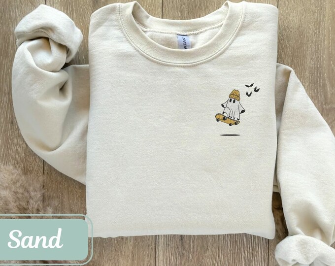Embroidered Ghost Sweatshirt with Ghost On Skateboard, Halloween Sweatshirt, Spooky Sweatshirt, Fall Sweatshirt
