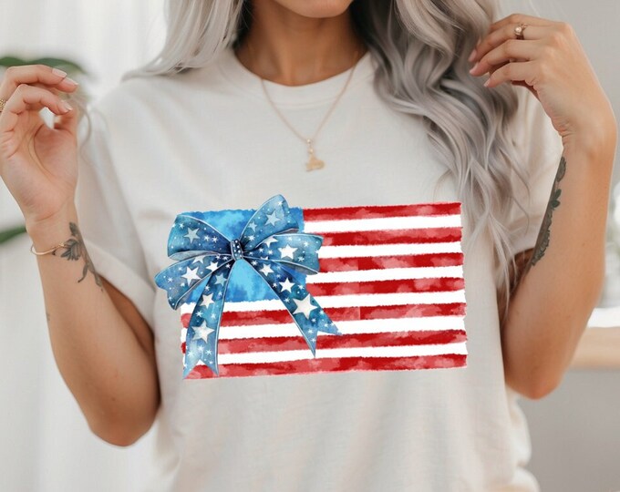 Coquette Clothing | Vintage Bow Tee | 4th of July Shirt | American Flag Top | Patriotic Summer Wear