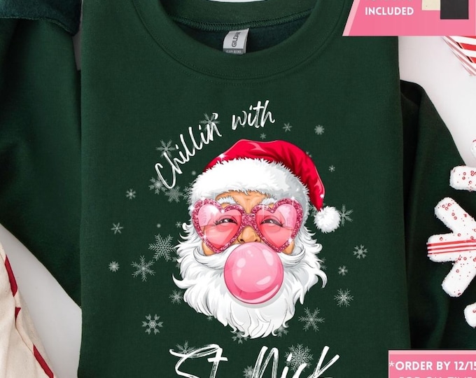 Retro Pink Santa Bubble Gum Christmas Sweatshirt, Christmas Shirt, Girly Christmas, Funny Christmas Gift, Trendy Christmas Sweater