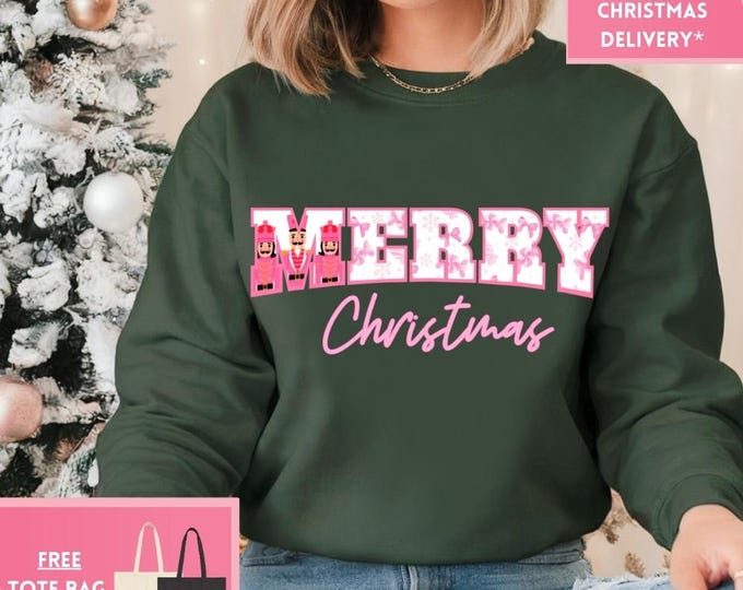 Preppy Nutcracker Merry Christmas Retro Christmas Coquette Bow Sweatshirt, Christmas Shirt, Girly Christmas, Funny Christmas Gift, Trendy