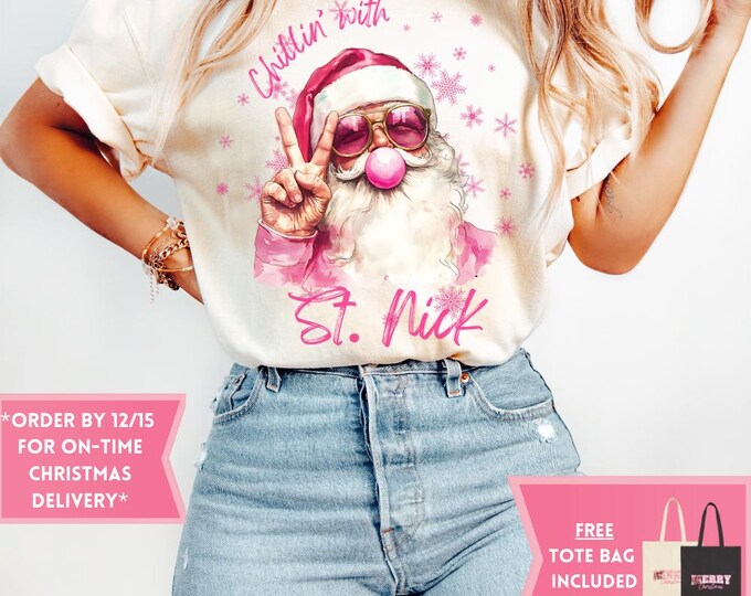 Comfort Colors Retro Pink Santa Bubble Gum Christmas Sweatshirt, Christmas Shirt, Girly Christmas, Funny Christmas Gift, Trendy Christmas