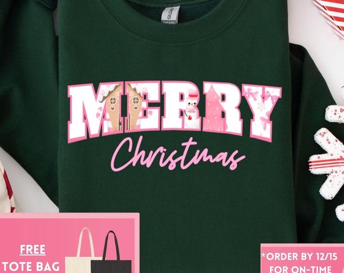 Preppy Merry Christmas Sweatshirt – Retro Girly Holiday Shirt, Funny Gingerbread Snowman Design, Trendy Christmas Gift for Her