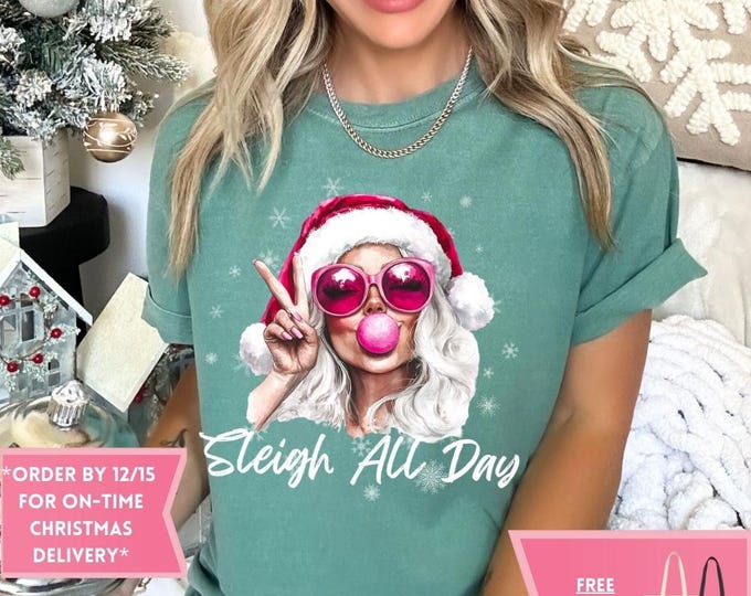 Comfort Colors Pink Santa Bubble Gum Christmas Sweatshirt, Christmas Shirt, Girly Christmas, Funny Christmas Gift, Trendy Christmas Sweater