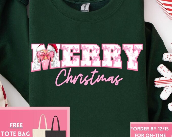Preppy Merry Christmas Retro Christmas Coquette Bow Santa Clause Sweatshirt, Christmas Shirt, Girly Christmas, Funny Christmas Gift, Trendy