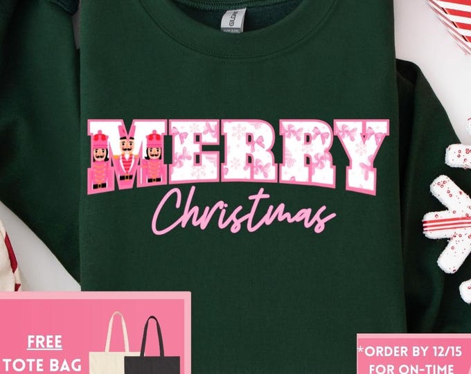 Preppy Nutcracker Merry Christmas Sweatshirt – Retro Coquette Bow Design, Girly Holiday Shirt, Funny Christmas Gift, Trendy Apparel
