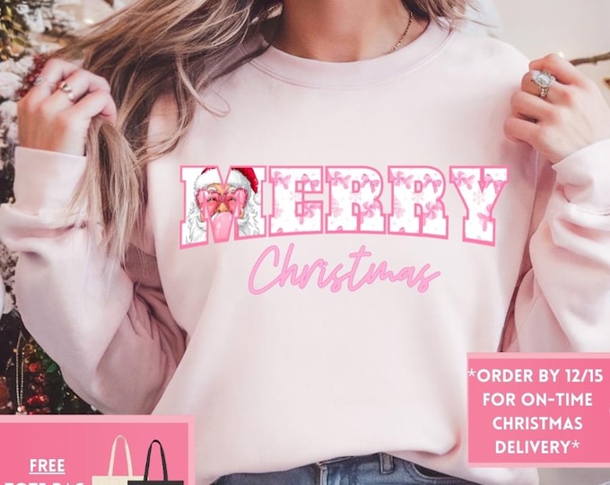 Preppy Merry Christmas Retro Christmas Coquette Bow Santa Clause Sweatshirt, Christmas Shirt, Girly Christmas, Funny Christmas Gift, Trendy
