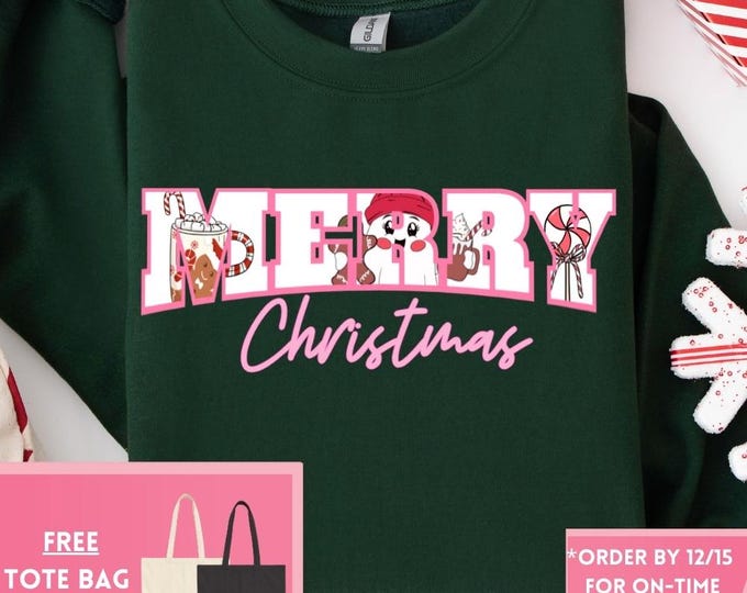 Preppy Merry Christmas Retro Christmas Sweatshirt, Christmas Shirt, Girly Christmas, Funny Christmas Gift, Trendy