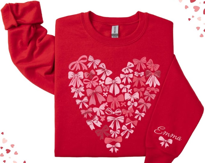 Personalized Valentine Sweatshirt with Heart Bow Design – Coquette Style Valentines Day Gift, Pink Bow Sweatshirt, Best Friend Gift for Her