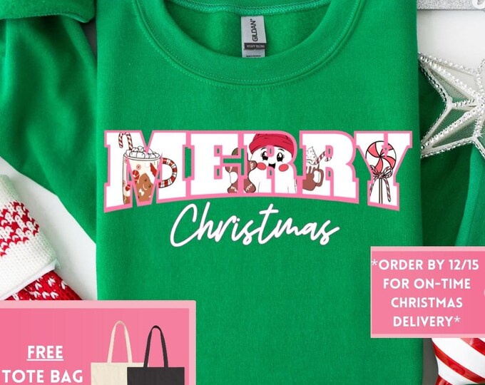 Preppy Merry Christmas Retro Christmas Sweatshirt, Christmas Shirt, Girly Christmas, Funny Christmas Gift, Trendy