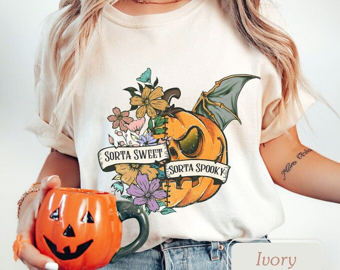 Comfort Colors Sorta Spooky Sorta Sweet Halloween Shirt, Halloween Wildflower Shirt, Spooky Shirt, Womens Halloween T-shirt
