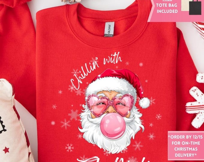 Retro Pink Santa Bubble Gum Christmas Sweatshirt, Christmas Shirt, Girly Christmas, Funny Christmas Gift, Trendy Christmas Sweater