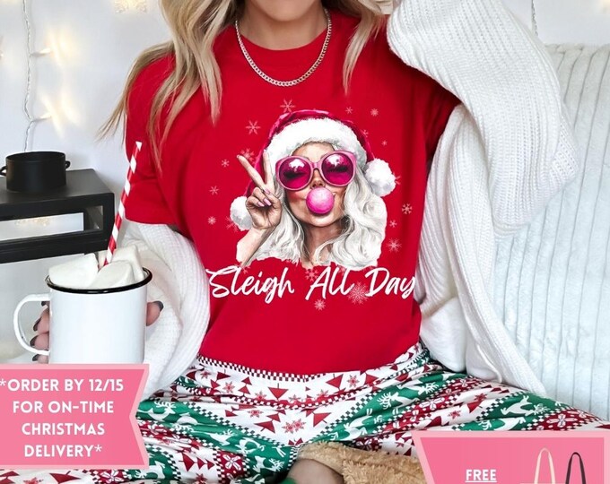 Comfort Colors Pink Santa Bubble Gum Christmas Sweatshirt, Christmas Shirt, Girly Christmas, Funny Christmas Gift, Trendy Christmas Sweater