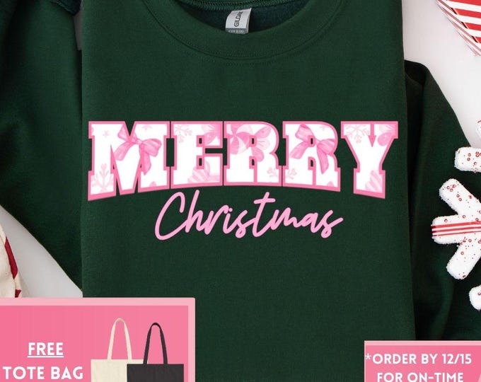 Preppy Merry Christmas Retro Christmas Coquette Bow Sweatshirt, Christmas Shirt, Girly Christmas, Funny Christmas Gift, Trendy