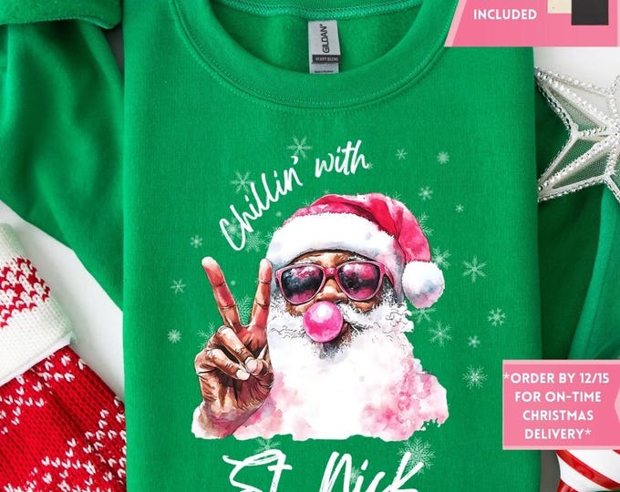Retro Black Santa Bubble Gum Christmas Sweatshirt, Christmas Shirt, Girly Christmas, Funny Christmas Gift, Trendy Christmas Sweater