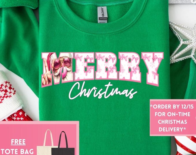Preppy Merry Christmas Retro Christmas Coquette Bow Santa Clause Sweatshirt, Christmas Shirt, Girly Christmas, Funny Christmas Gift, Trendy